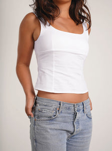 A white a-line bustier top with a flattering silhouette made from deadstock cotton poplin